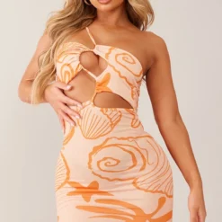 Logic Robe Moulante Fleurie Orange à Découpes Et Bretelle Asymétrique