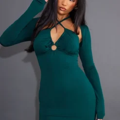 Robe Très Moulante Vert émreraude à Empiècement Et Manches Longues