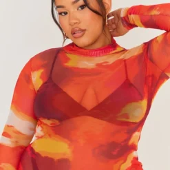 Plus Robe Moulante En Mesh Rouge Imprimé Abstrait à Manches Longues -Jolie Vêtue Soldes Magasin c9330743c59e698c7426d1bf1627c157ee4e3d94 cne1828 4