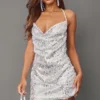 Robe Moulante En Sequins Argentés à Col Bénitier Et Bretelles Croisées -Jolie Vêtue Soldes Magasin c949ccd8c48724d1edb2789ac15f6cbb04573b5b cnb5188 1
