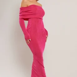 Robe Moulante Longue En Acétate Rose Vif à Manches Longues Et Col Bardot -Jolie Vêtue Soldes Magasin c98caad94c555c742a526785318ad609e04bdad9 cne2952 3