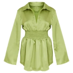 Robe Chemise Satinée Vert Olive à Taille Froncée -Jolie Vêtue Soldes Magasin c9a9747f5b26a981a19cc2c07a91f4c70d3e3cb8 cne1414 5