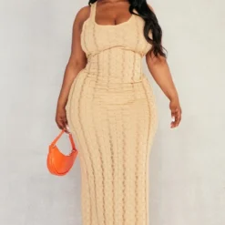 Plus Robe Longue Texturée Marron Clair Ajourée à Col Rond -Jolie Vêtue Soldes Magasin c9cca3bc662719a03ea13b86fc891d052f80b201 cnd4988 3