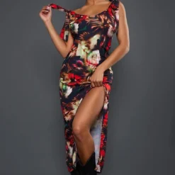 Robe Fendue Longue Rouge Fleuri Abstrait à Bretelles Nouées