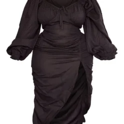 Plus Robe Mi-longue Fendue Noire Effet Lin à Fronces Sur Le Côté -Jolie Vêtue Soldes Magasin ca2b86e09680bb8d01bc075cffb47ef7b4ba8700 cnd6504 5