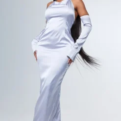 Shape Robe Mi-longue Argentée Satinée à Col Bardot Et Dos Nu