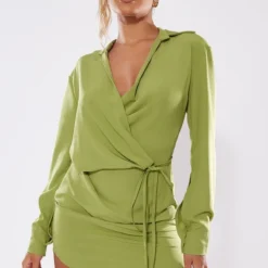 Robe Chemise Satinée Vert Olive Nouée à La Taille -Jolie Vêtue Soldes Magasin cad12eb3eac355d23082c1310f6909b01984528b cnb9425 3