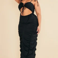 Plus Robe Mi-longue Froncée Découpée Noire -Jolie Vêtue Soldes Magasin cae548ec2ae56da9c45b416722d9feff7344892c cnc9698 3