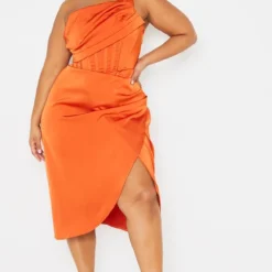 Plus Robe Mi-longue Satinée Orange à Détail Drapé Et Ourlet Fendu -Jolie Vêtue Soldes Magasin cb54d54db159016ec243eab9d16bde606ac29326 cmu5772 4