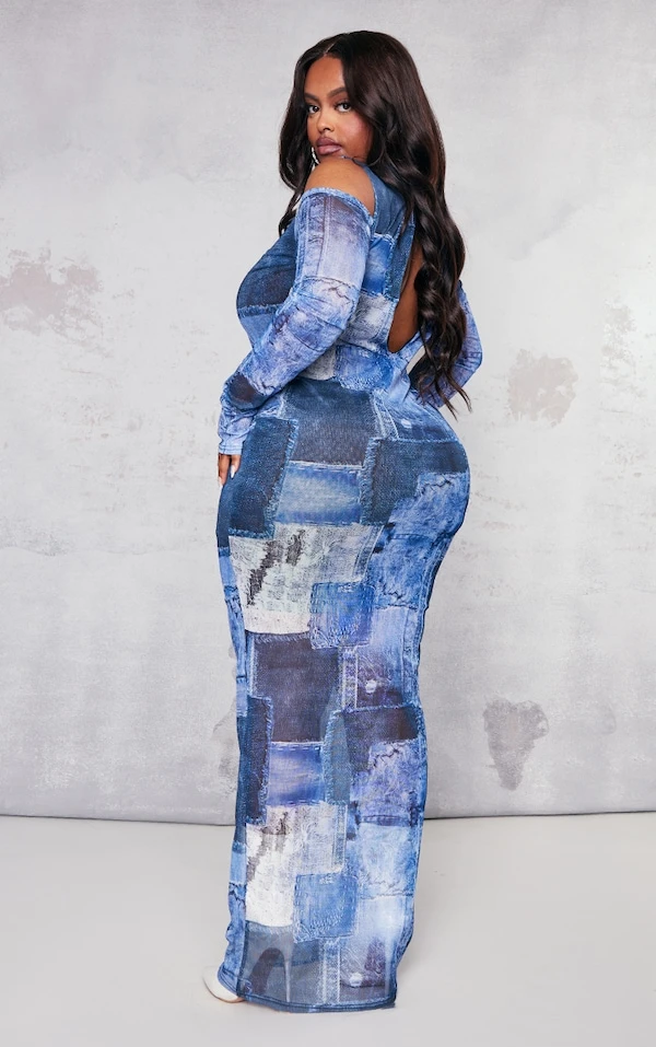 Plus Robe Longue En Mesh Bleu Imprimé Jean à épaules Dénudées 4 Plus Robe Longue En Mesh Bleu Imprimé Jean à épaules Dénudées – Image 2