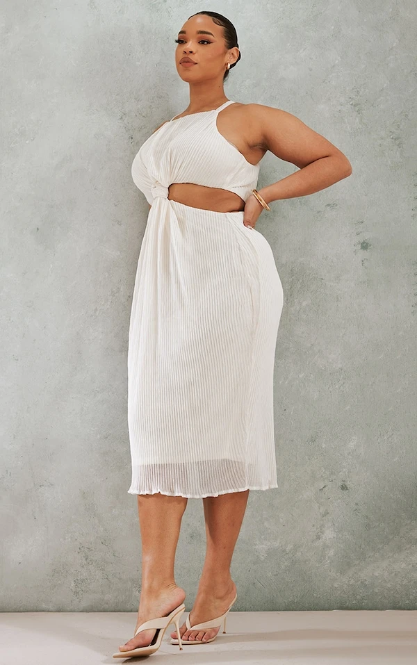 Plus Robe Mi-longue Plissée Crème à Détail Noeud 5 Plus Robe Mi-longue Plissée Crème à Détail Noeud – Image 3