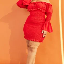 Plus Robe Moulante En Mousseline De Soie Rouge Effet Froncé