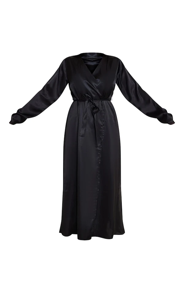 Robe De Chambre Satinée Noire à Bordures En Dentelle 7 Robe De Chambre Satinée Noire à Bordures En Dentelle – Image 5