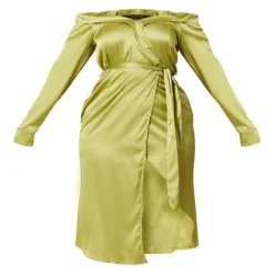 Plus Robe Portefeuille Mi-longue Vert Olive Satinée à Col Bardot Replié -Jolie Vêtue Soldes Magasin ce0fb8788c238e347e69a6290c147af8d5decf2d cmw4021 6