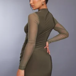 Robe Très Moulante Froncée Kaki Mousse Découpée à Manches En Mesh -Jolie Vêtue Soldes Magasin cf02c21032bd54b99b8b45bae86e4c9b51eafc8f cnc2984 2