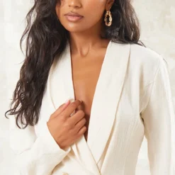 Robe Blazer Texturée Crème à Boutons -Jolie Vêtue Soldes Magasin cf278f85db4c49a08e66f057a0de9eafd9417b8d cne1551 4