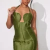 Petite Mini Robe Satinée Vert Olive Foncé à Corset