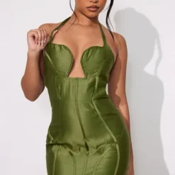 Petite Mini Robe Satinée Vert Olive Foncé à Corset