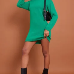 Robe Pull Verte Basique En Maille Tricot à Col Roulé