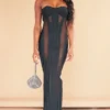 Robe Bustier Longue Noire à Détail Bonnets Et Parties En Mesh