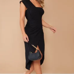 Robe Asymétrique Mi-longue Texturée Noire à Jupe Portefeuille Drapée -Jolie Vêtue Soldes Magasin d096a3be8899438e0d69143c98ec43c7d916b591 cna3564 3