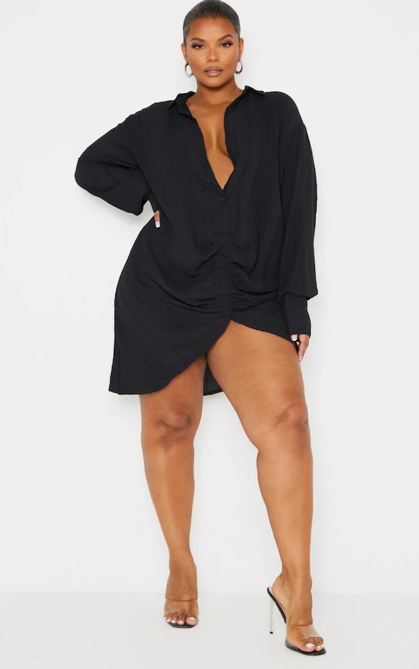 Plus Robe Chemise Texturée Noire à Détail Drapé Et Manches Longues 3 Plus Robe Chemise Texturée Noire à Détail Drapé Et Manches Longues