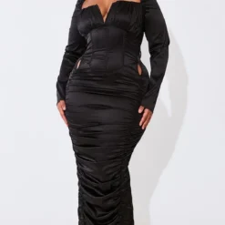 Plus Robe Corset Longue Satinée Noire à Fronces -Jolie Vêtue Soldes Magasin d1083c89841f6f76fefe7c0c82112a5fa8f5498c cna8363 3