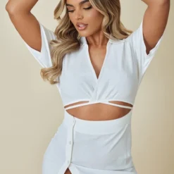Robe Chemise Effet Lin Blanc Découpée à La Taille Et Jupe Boutonnée -Jolie Vêtue Soldes Magasin d1508863e5072dddfa7cb43622afa62fc817c589 cnd4052 4