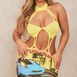 Shape Robe Courte Jaune Découpée Imprimée Motorcross