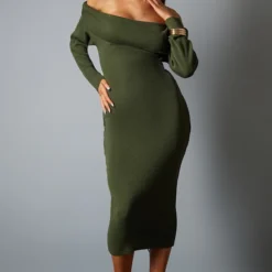 Robe Mi-longue Kaki En Maille Tricot à Col Bardot -Jolie Vêtue Soldes Magasin d1acfed40633aabc48cc572c98e8211924c98005 cnb8452 3