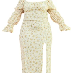 Plus Robe Mi-longue Jaune Fleurie à Manches Bouffantes -Jolie Vêtue Soldes Magasin d23556eacdf548854fb742756c73e57e0bf69df9 cmw4105 6