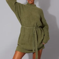 Robe Pull Kaki En Maille Tricot Douce à Ceinture