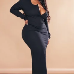 Plus Robe Mi-longue Texturée Noire à Boutons -Jolie Vêtue Soldes Magasin d260a392fee2f77e7f393eb740c584705e397058 cnc9669 3