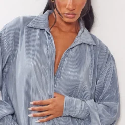 Robe Chemise Bleu Minéral Plissée à Ourlet Volanté -Jolie Vêtue Soldes Magasin d2ecd6be65bd864ce7be0a5d9069b41bde7682a3 cnd0032 4