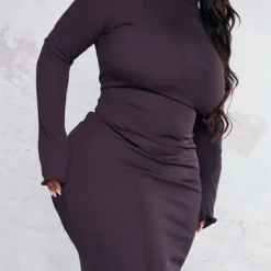 Plus Robe Mi-longue Chocolat à Manches Longues Et Ourlet Légèrement Volanté -Jolie Vêtue Soldes Magasin d30cce0e76e4093c9c59345edc1cfcb2ff48130a cnc2220 4