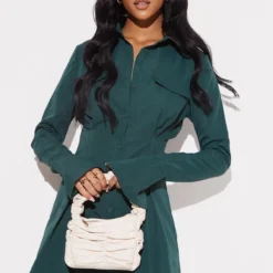 Tall Robe Chemise Cintrée Verte à Poches Cargo