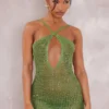 Mini Robe En Crochet Vert Olive à Sequins Et Bretelles