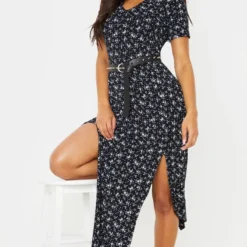 Robe Très Longue Noire Fendue à Imprimé Petites Fleurs -Jolie Vêtue Soldes Magasin d455c6cd65ab47876762f7ba1fbd8702dcd16b2d cmf6769 4