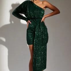 Robe Moulante Asymétrique En Sequins Vert émeraude Effet Drapé