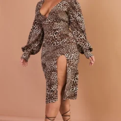 Plus Robe Mi-longue Fendue Marron Imprimé Léopard à Décolleté Plongeant -Jolie Vêtue Soldes Magasin d4eec0ac3c20527ed24d80dd291ff6e26c5f619d cmw2874 4