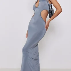 Robe Longue Moulante Gris Anthracite à Dos Nageur Et Découpes Multiples