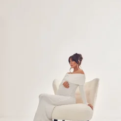 Maternité Robe Longue De Grossesse Crème Côtelée Brossée à épaules Dénudées -Jolie Vêtue Soldes Magasin d5386853ebbce89a4236e0c714e38881c75ff7bf cnd3067 3