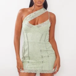 Robe Moulante Sauge à Armatures Et Liserés En Dentelle