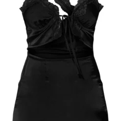 Robe Droite Satinée Noire à Bretelles Asymétriques En Dentelle à Liens Noués -Jolie Vêtue Soldes Magasin d60001452cfa02fb27bba48e5ecfefcec7044e3d cne1418 5