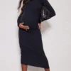 Maternité Robe De Grossesse Mi-longue Côtelée Noire à Manches Longues