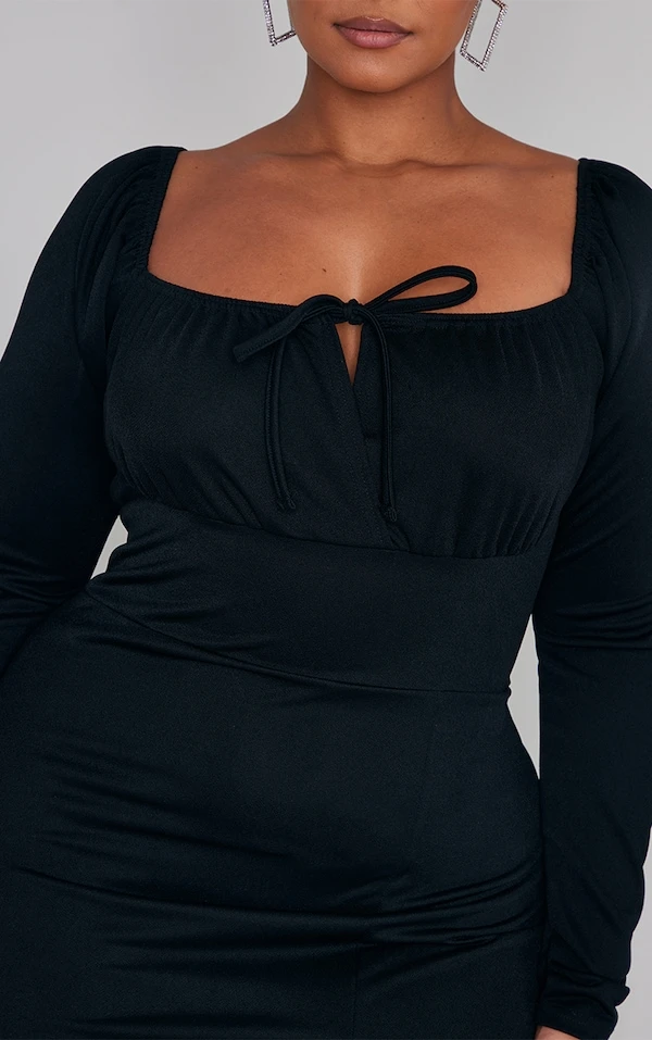 Plus Robe Moulante Noire Nouée Devant à Manches Bouffantes 6 Plus Robe Moulante Noire Nouée Devant à Manches Bouffantes – Image 4
