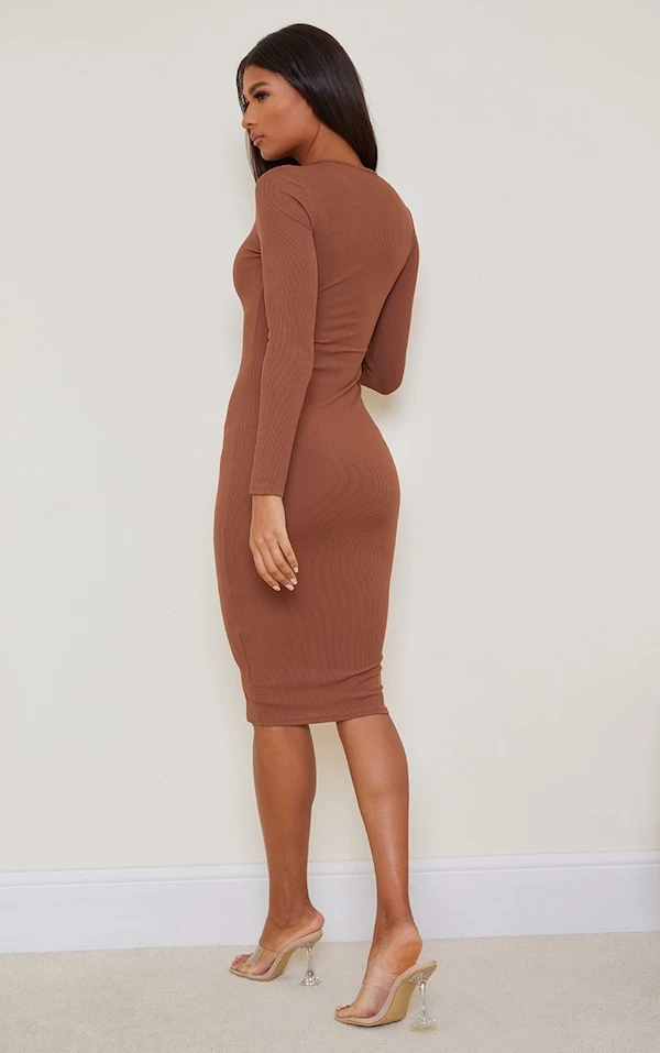 Logic Robe Mi-longue Côtelée Chocolat Basique à Manches Longues 4 Logic Robe Mi-longue Côtelée Chocolat Basique à Manches Longues – Image 2