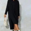 Robe Chemise Noire Mi-longue à Poches Et Ourlet Tombant