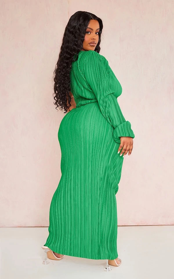 Plus Robe Mi-longue Plissée Vert Vif à épaule Unique Froncée 4 Plus Robe Mi-longue Plissée Vert Vif à épaule Unique Froncée – Image 2