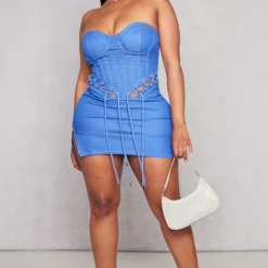Shape Robe Moulante Bleue Style Corset à Détail Lacets Cordes